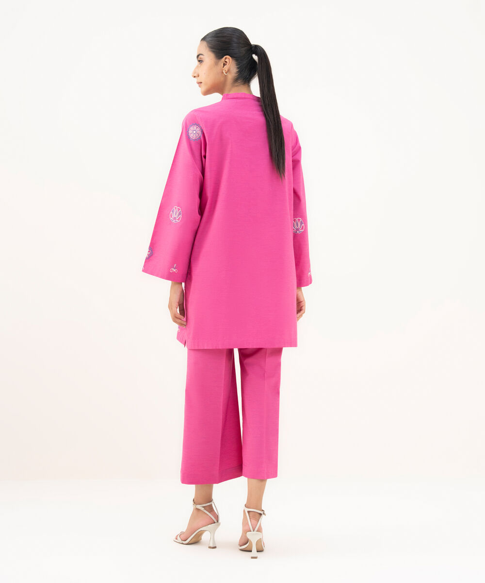 Women's RTW Textured Cotton Pink Embroidered A-Line Shirt