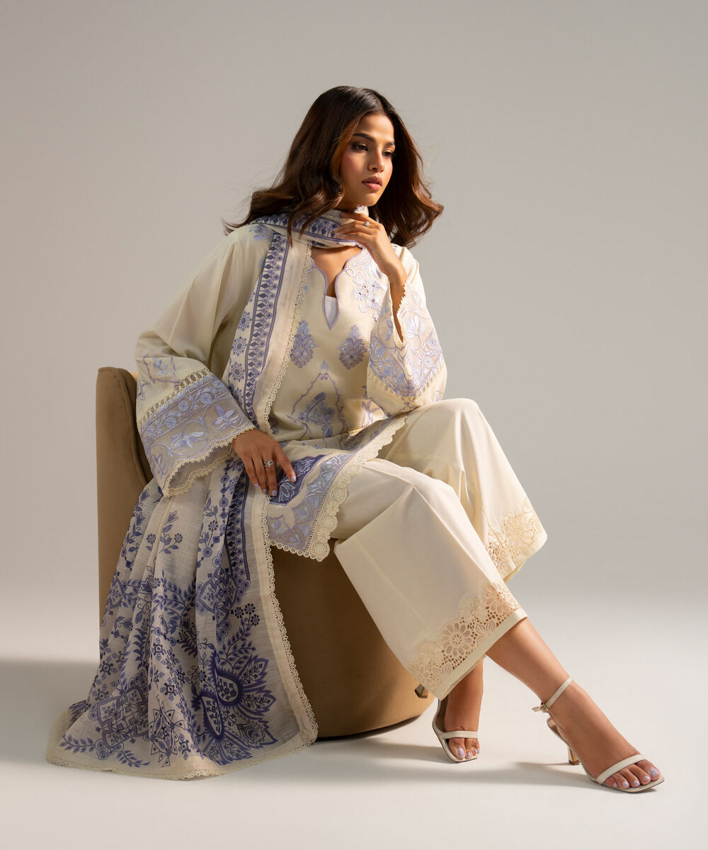 Women's RTW Lawn Embroidered Off White 3 Piece Suit