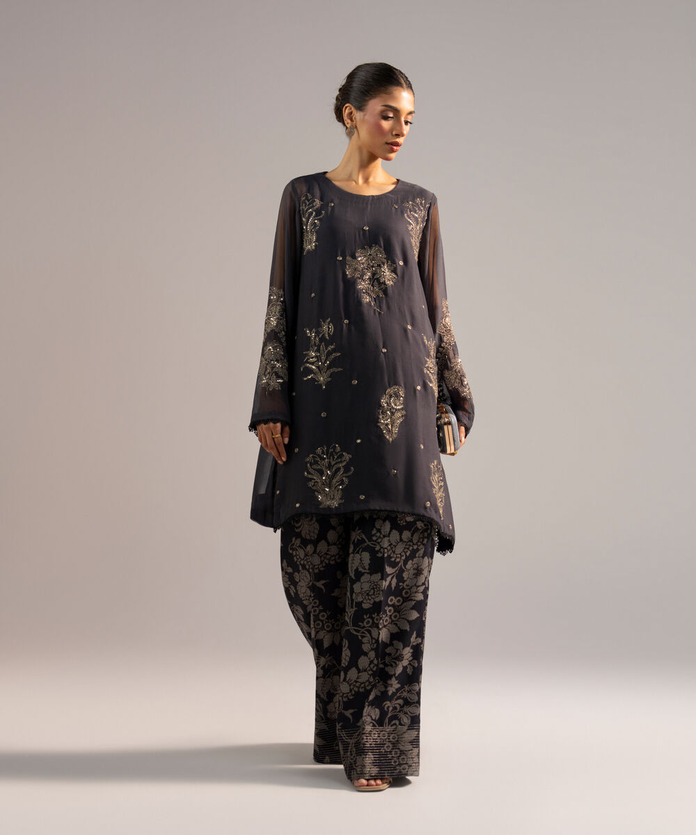 Women's RTW Chiffon Embroidered Black 2 Piece Suit