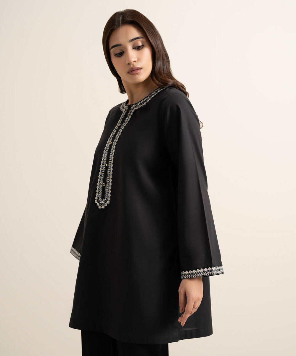 Women's RTW Cambric Embroidered Black Straight Shirt