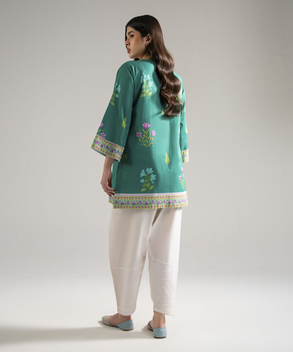 Women's RTW Slub Lawn Printed Green Drop Shoulder Shirt