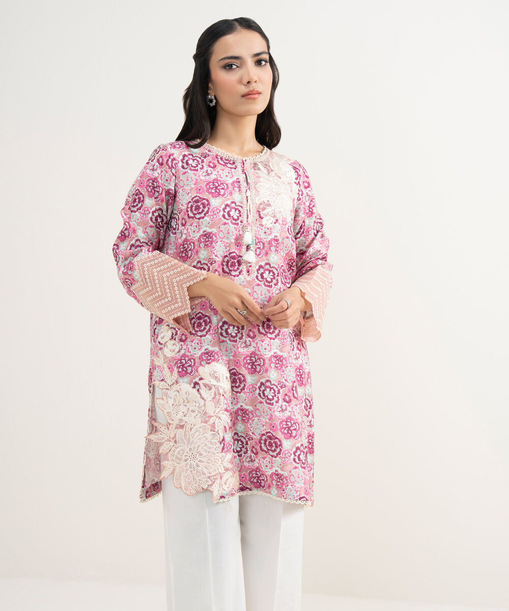 Women's RTW Viscose Raw Silk Embroidered Pink Straight Shirt