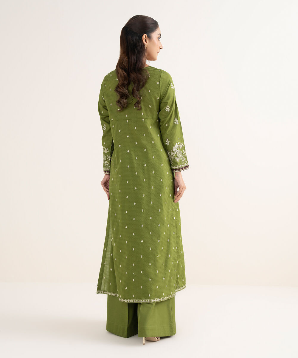 Women's RTW Textured Cotton Embroidered A-Line Green Shirt
