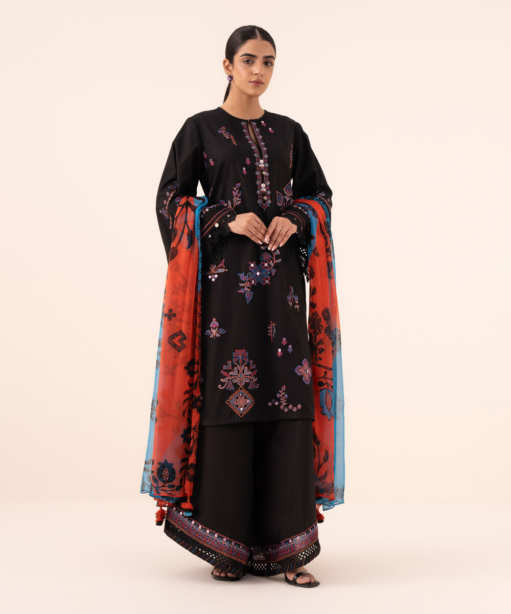 Women's Unstitched Cotton Embroidered Black 3 Piece Suit