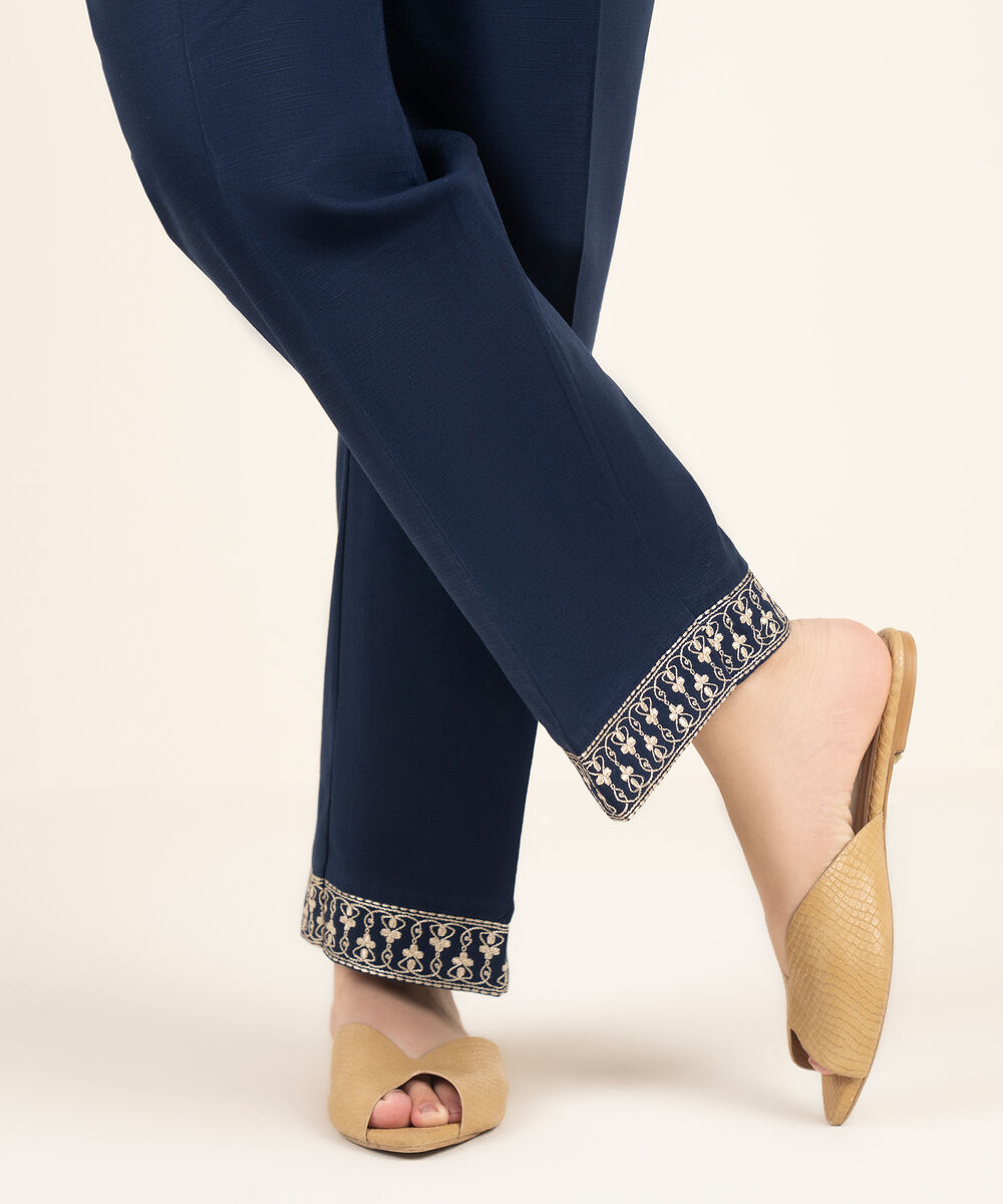 Women's RTW Khaddar Embroidered Blue Straight Pants