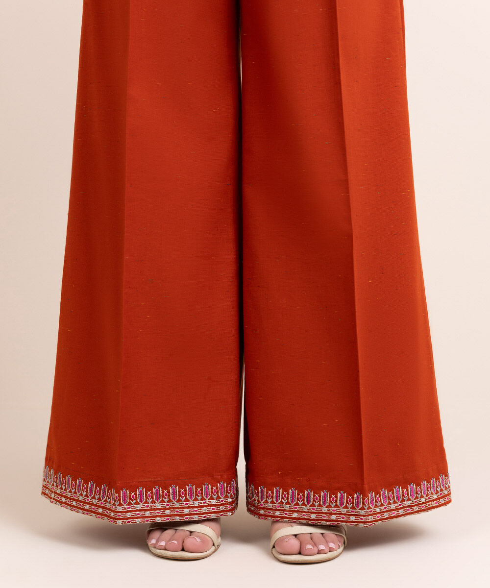 Women's Pret Multineps Orange Embroidered Flared Pants