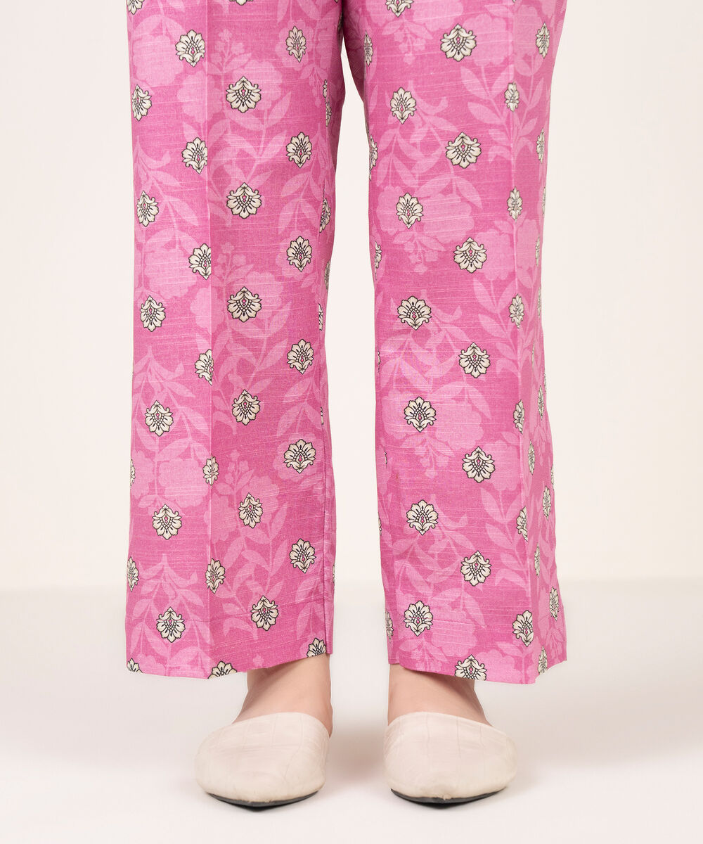 Women's RTW Light Khaddar Printed Fuchsia Straight Pants