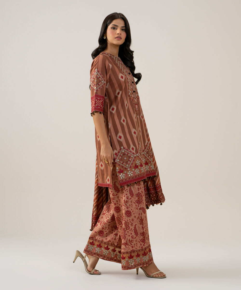 Women's Unstitched Linen Printed Tea Pink 3 Piece Suit