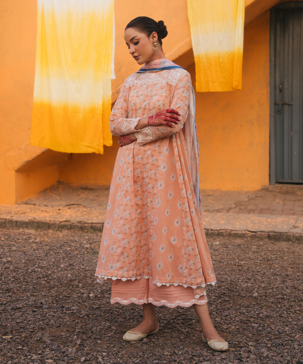 Women's RTW Cotton Satin Embroidered Peach 3 Piece Suit