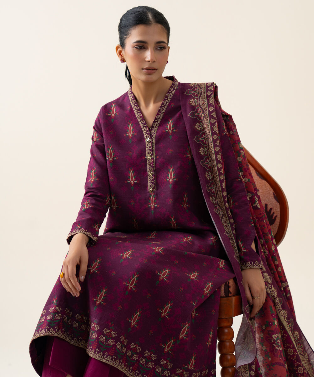 Womens Unstitched Light Khaddar Printed Plum 3 Piece Suit