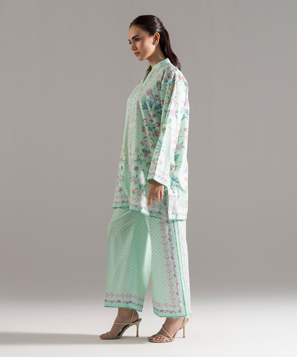 Women's RTW Seersucker Printed Green 2 Piece Suit