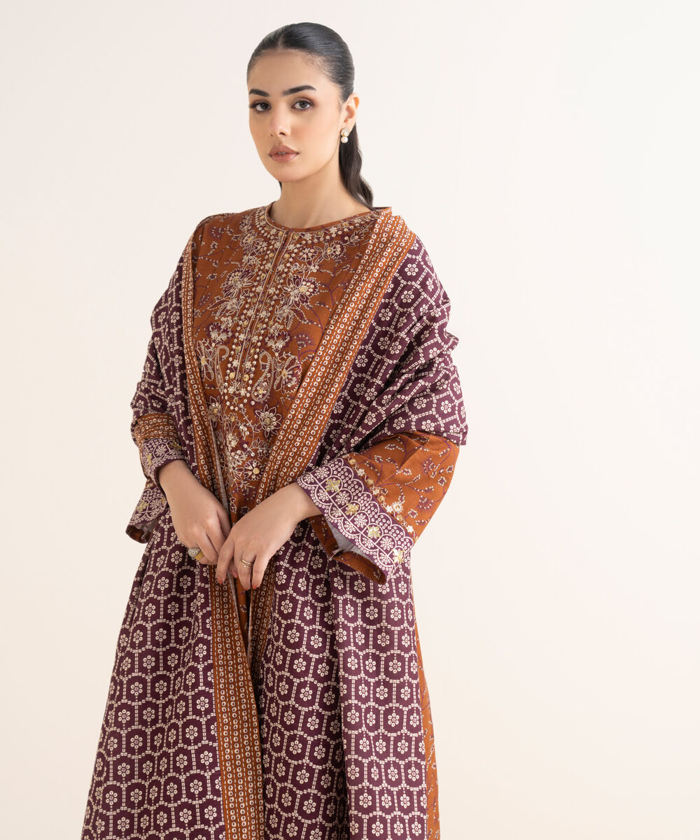 Women's Unstitched Embroidered Khaddar Orange 3 Piece Suit