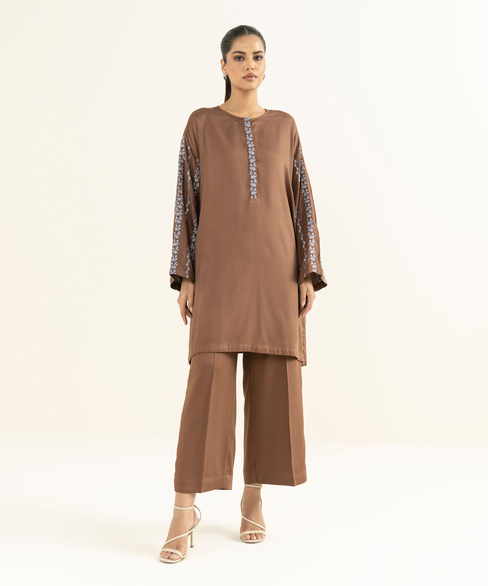 Women's RTW Bedford  Embroidered Brown Drop Shoulder Shirt