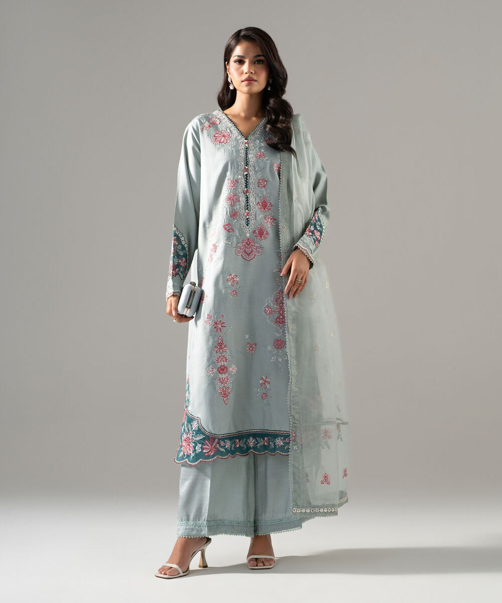 Women's RTW Raw Silk Solid Embroidered Seaform Green 3 Piece Suit