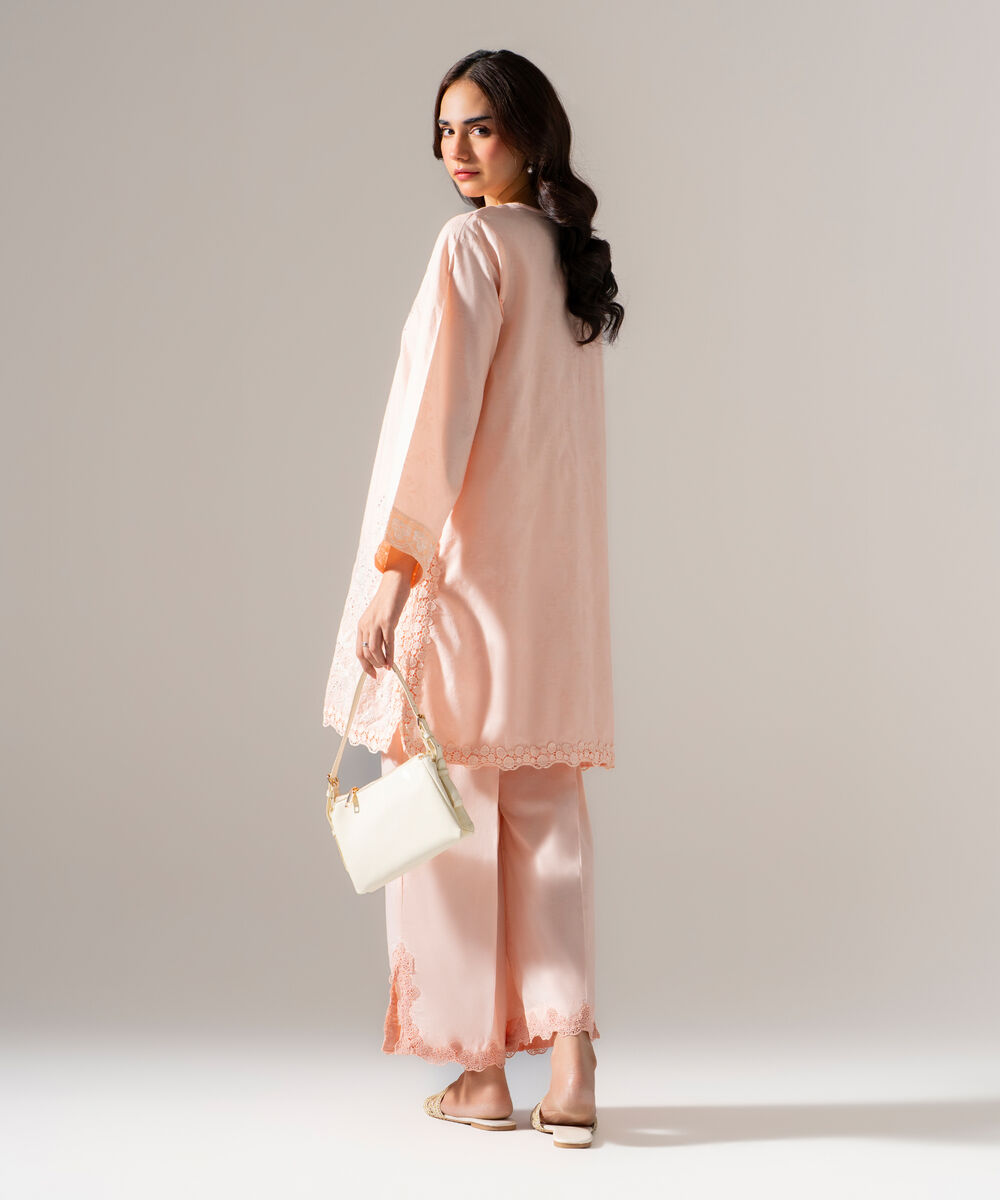Women's RTW Self Jacquard Solid Embroidered Pink 2 Piece Suit