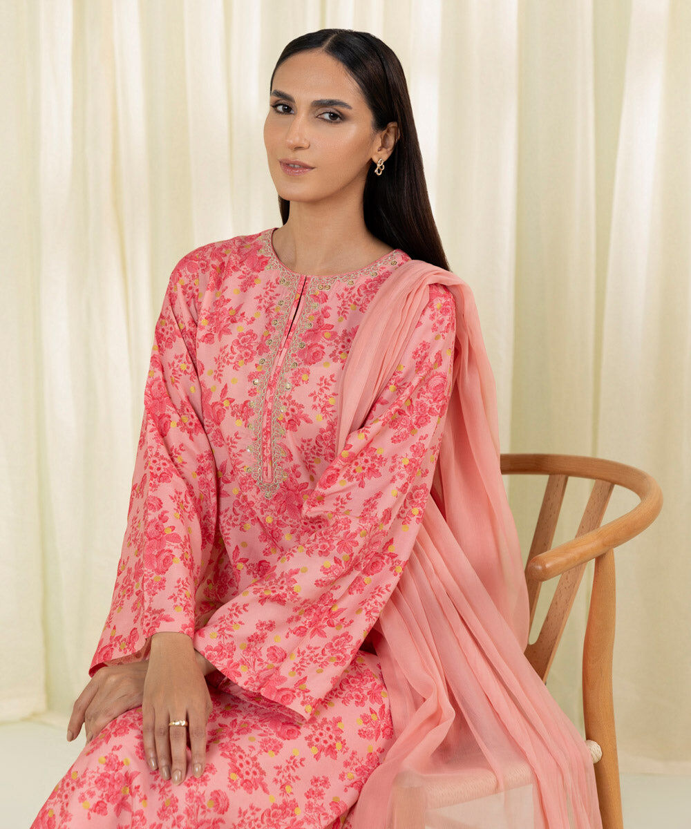 Women Pink Viscose Raw Silk 3 PC Embroidered Suit