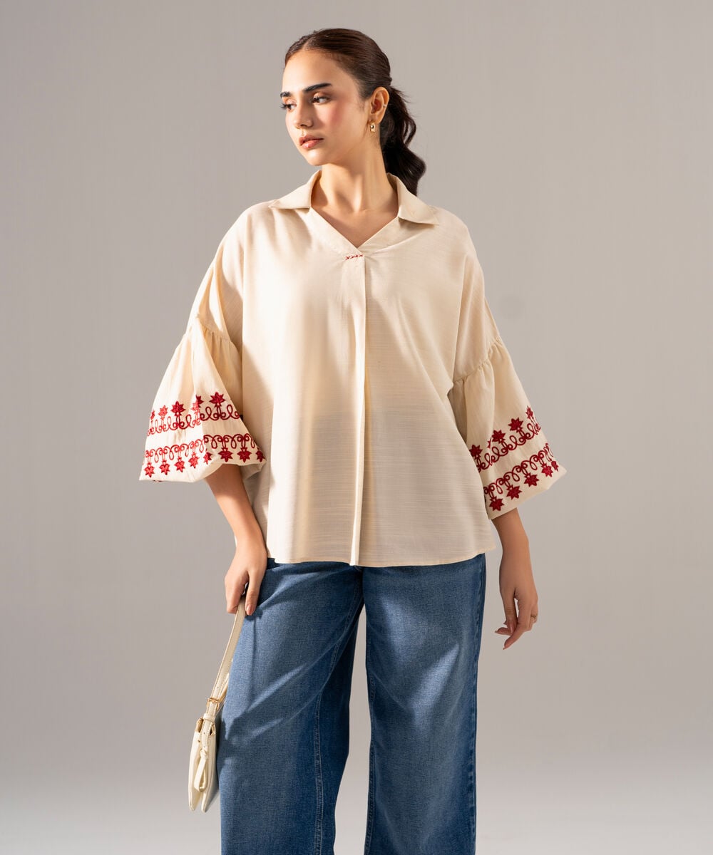 Women's RTW Khaddar Solid Embroidered Off White Straight Shirt