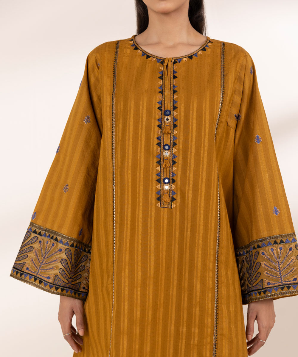 Women's RTW Textured Cotton Orange Embroidered Boxy Shirt