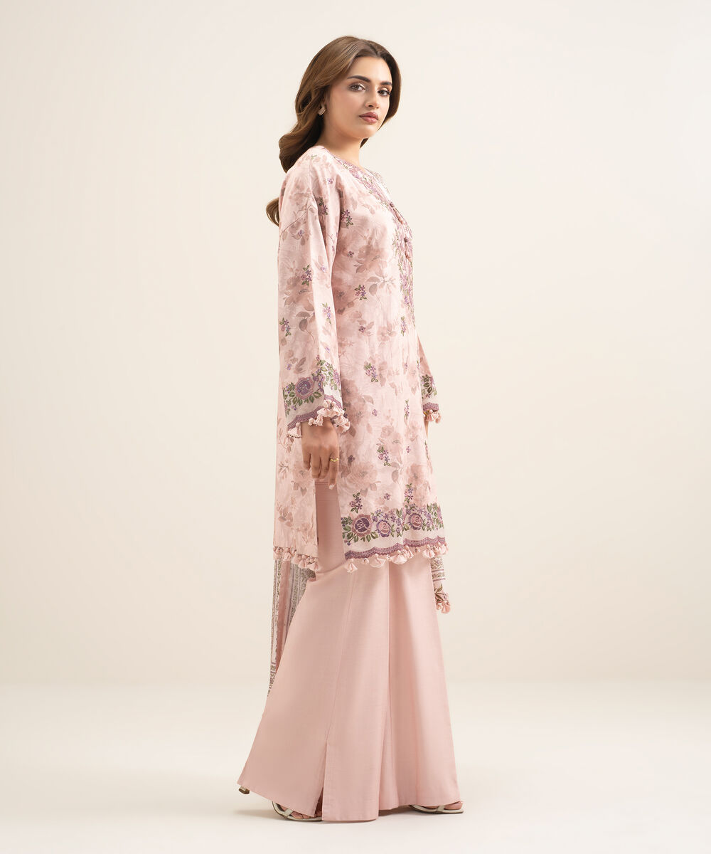 Women's Unstitched Textured Cotton Viscose Embroidered Pink 3 Piece Suit