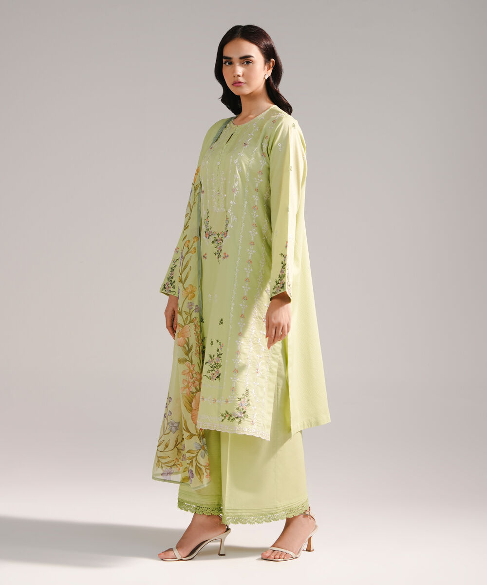 Women's RTW Dobby Embroidered Green 3 Piece Suit