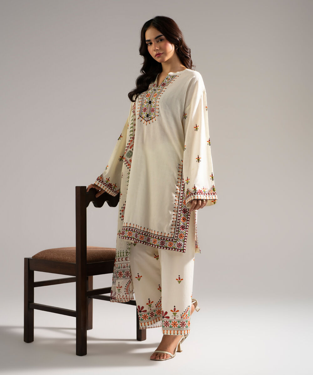 Women's RTW Dobby Embroidered Off White 3 Piece Suit