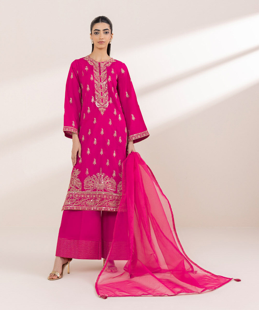 Women's RTW Cotton Jacquard Pink Embroidered A-Line Shirt