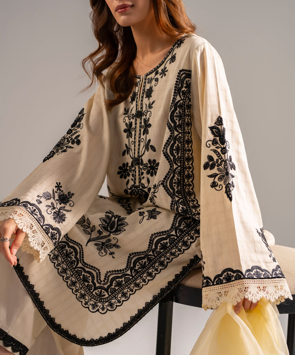 Women's RTW Dobby Embroidered Off White 3 Piece Suit