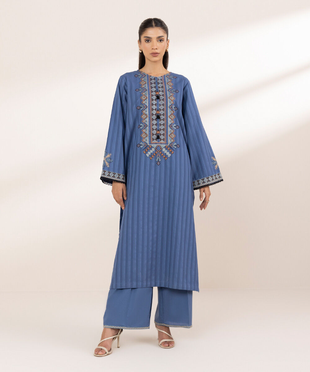 Women's RTW Textured Cotton Blue Embroidered A-Line Shirt