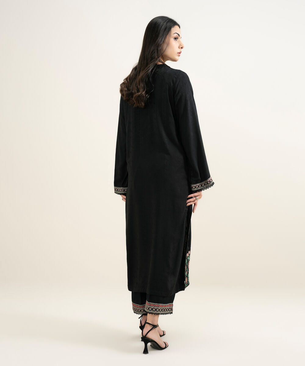 Women's RTW Arabic Self Jacquard Embroidered Black Straight Shirt