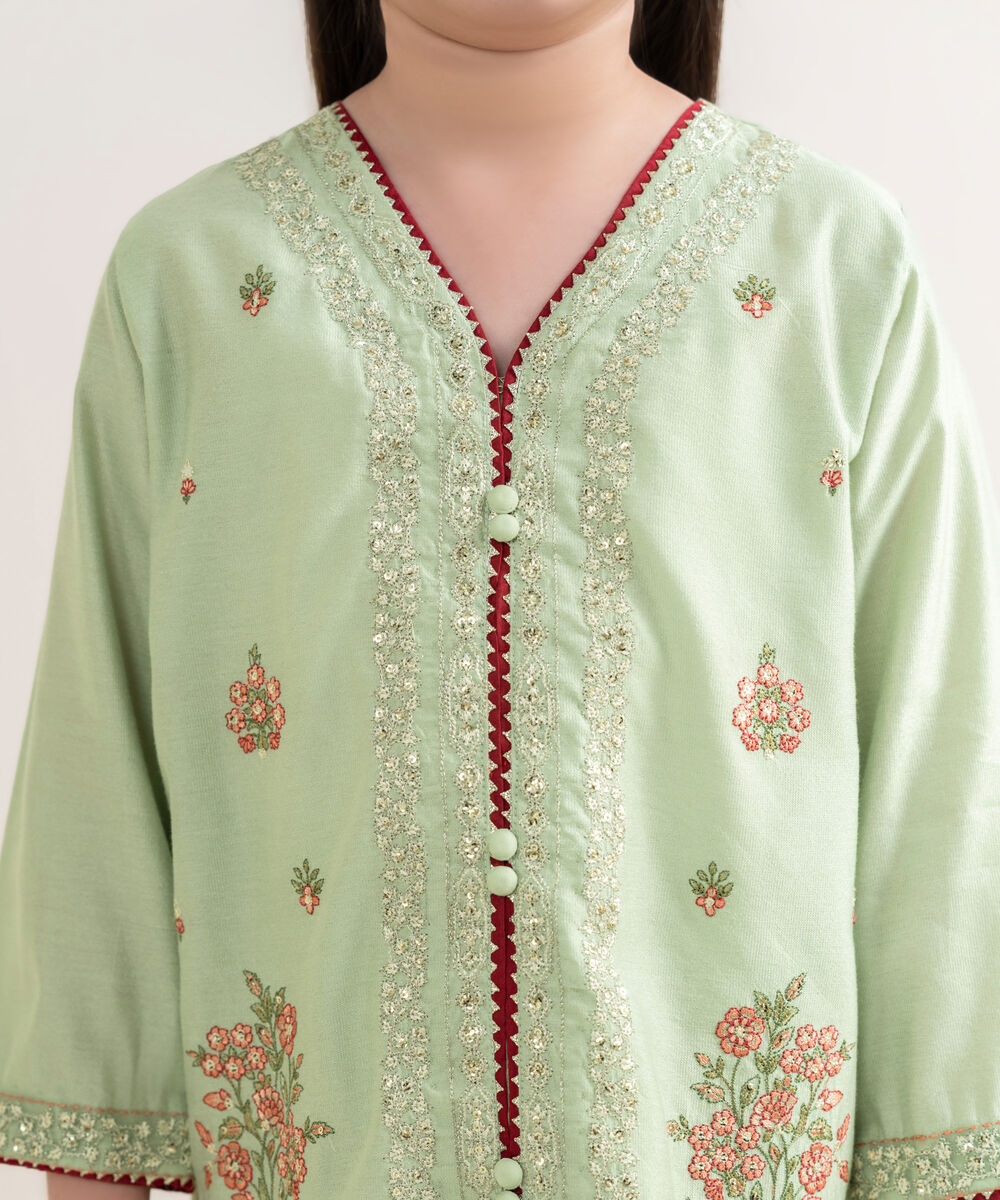 Girl's Silk Cotton Net Embroidered Green 2 Piece Suit