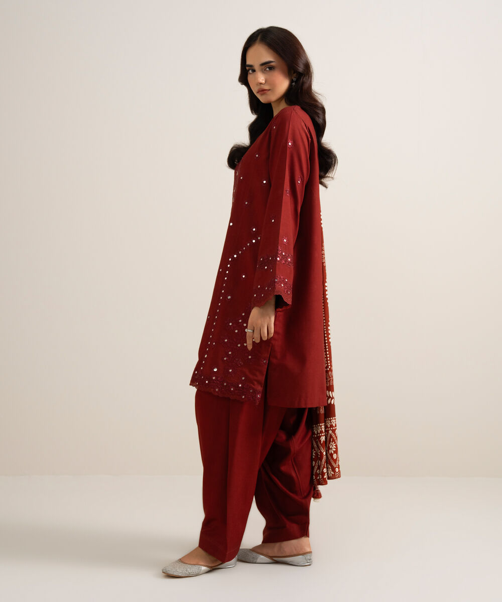 Women's Unstitched Embroidered Linen Maroon 3 Piece Suit