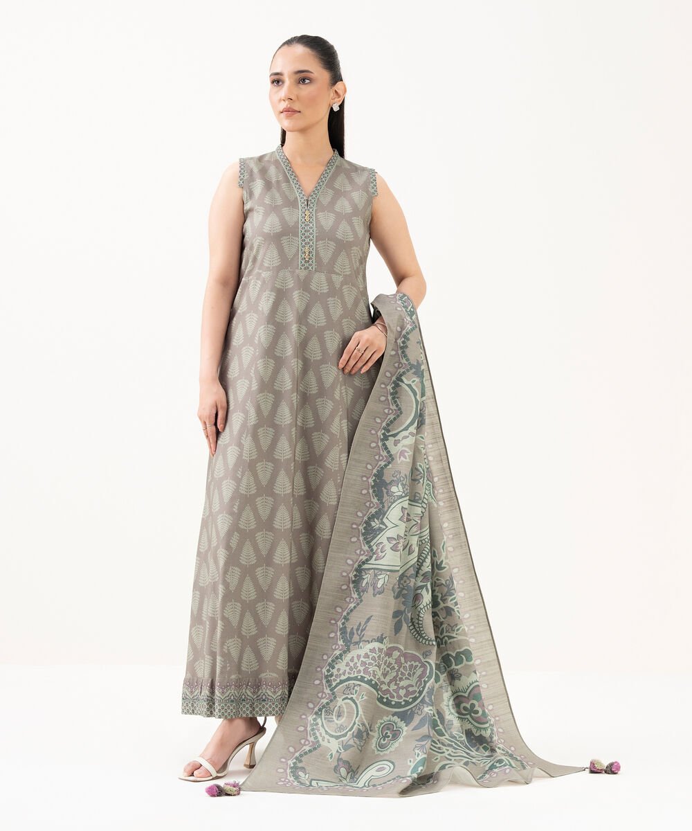 Women's Unstitched Linen Printed Beige 3 Piece Suit