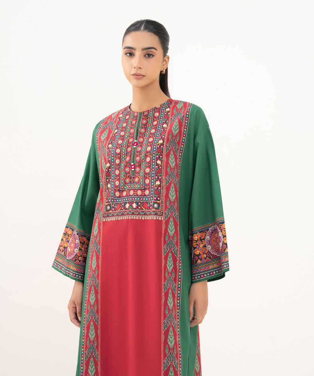 Women's RTW Cambric Green Printed A-Line Shirt