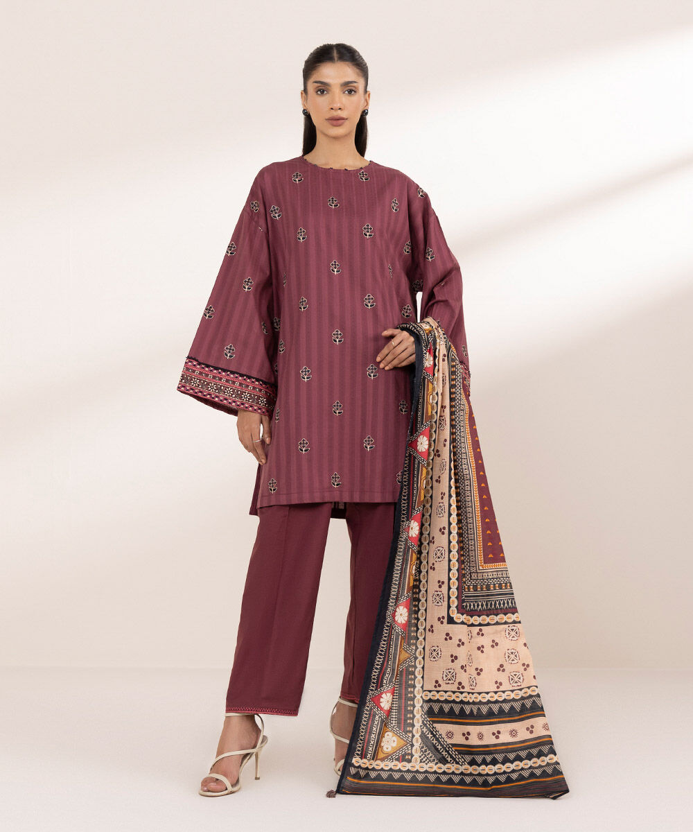 Women's RTW Textured Cotton Red Embroidered Boxy Shirt