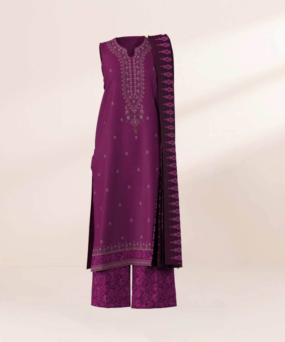 Women's Unstitched Light Khaddar Embroidered Magenta 3 Piece Suit