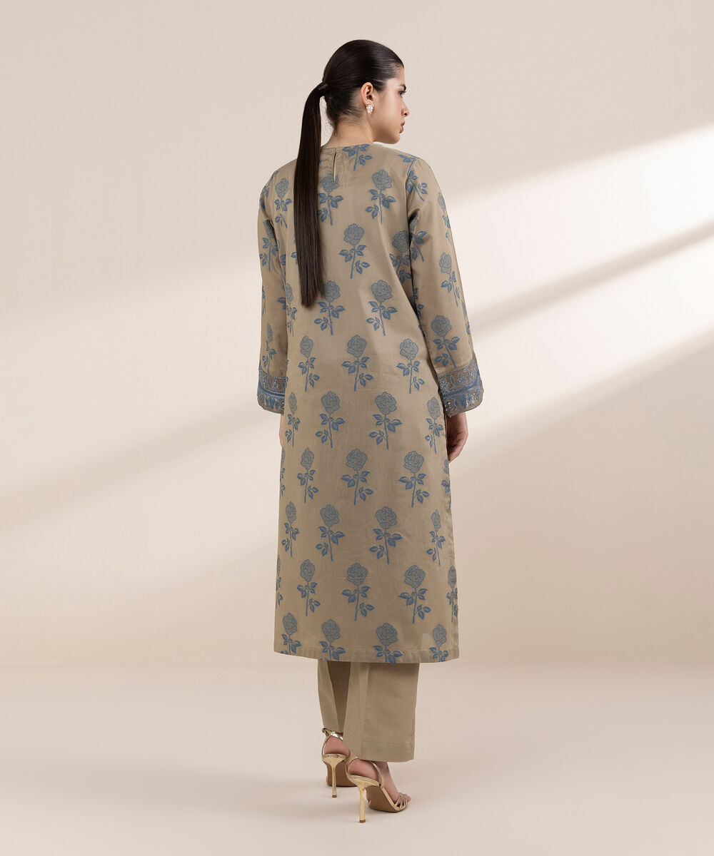 Women's RTW Extra Weft Jacquard Beige Solid A-Line Shirt