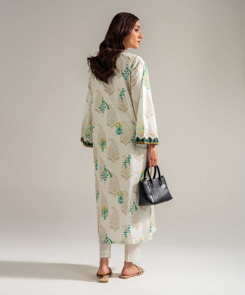Women's RTW Slub Lawn Printed Off White Straight Shirt