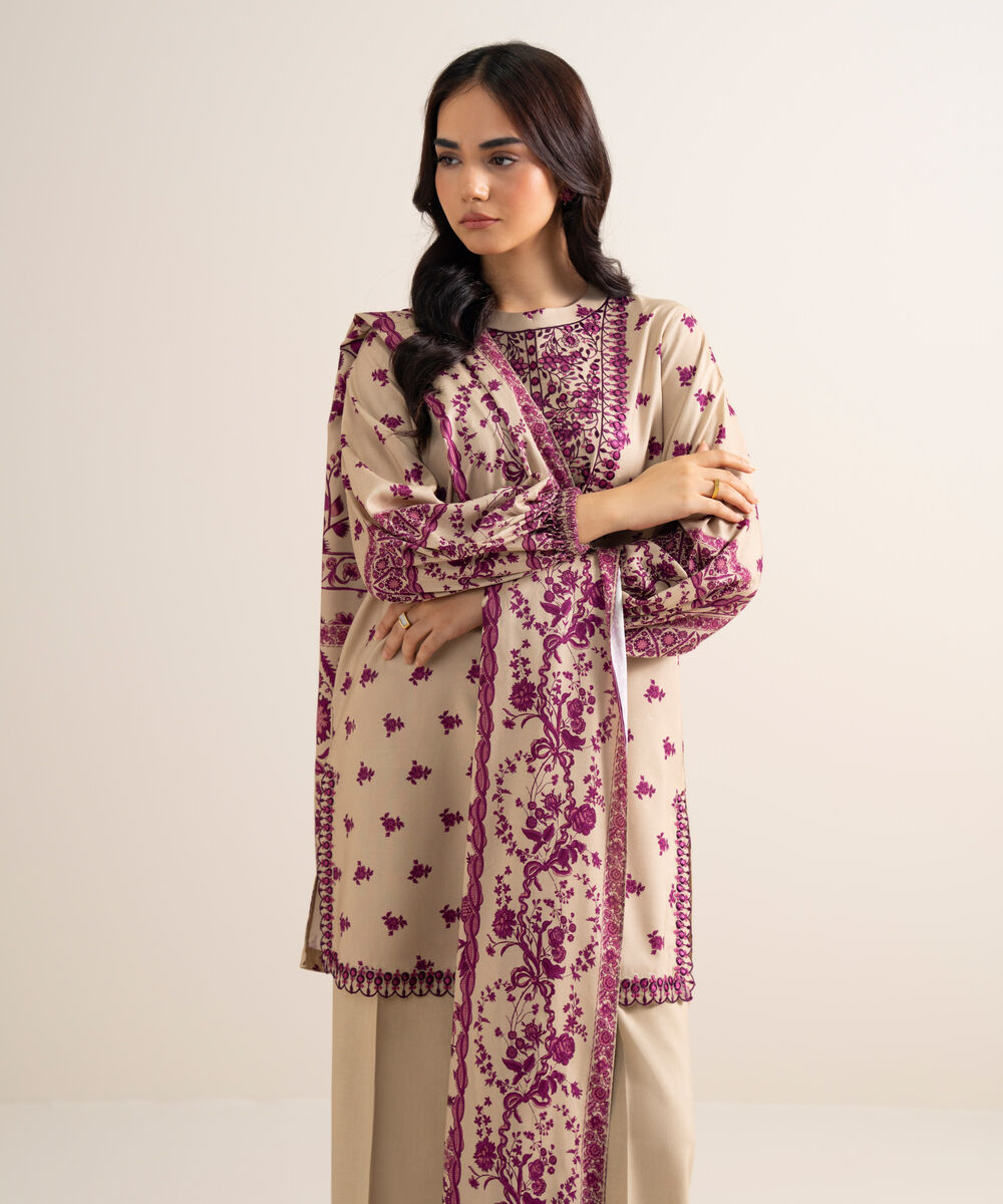 Women's Unstitched Embroidered Linen Beige 3 Piece Suit