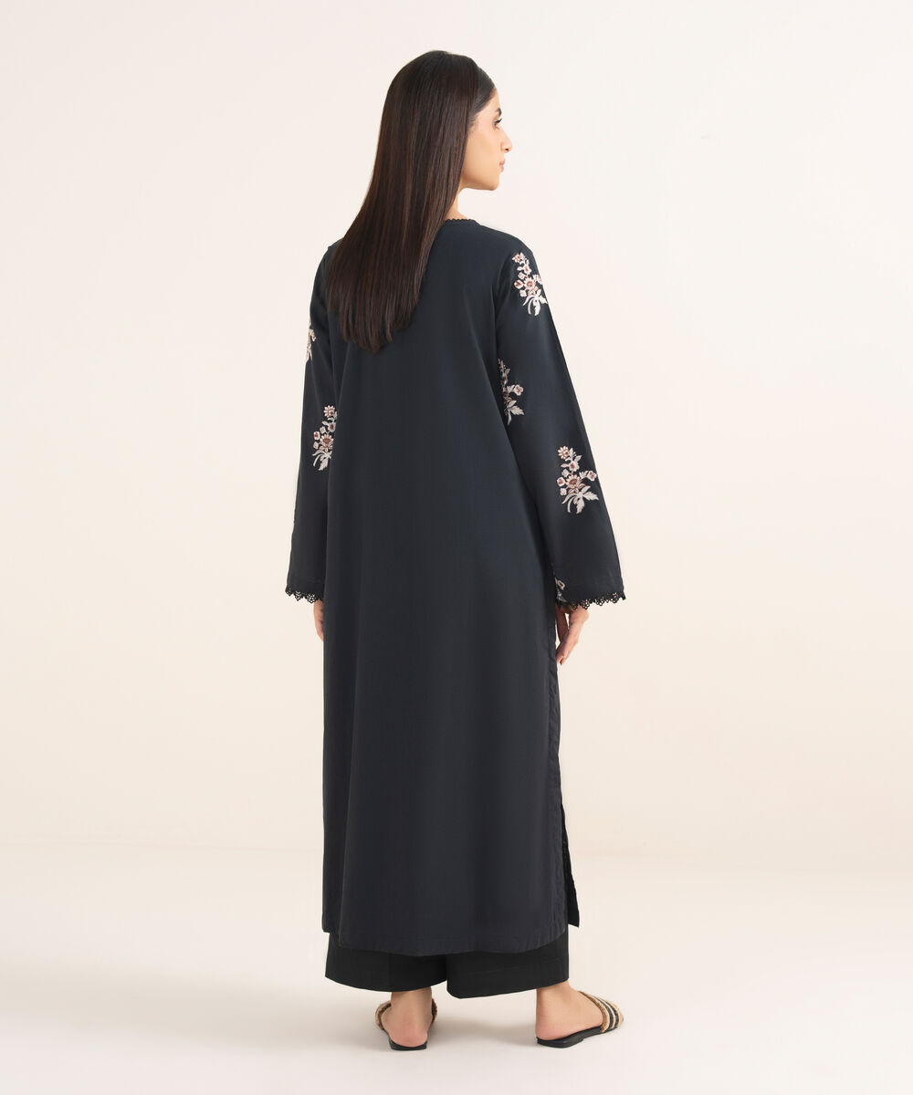 Women's RTW Lawn Viscose Black Embroidered A-Line Shirt