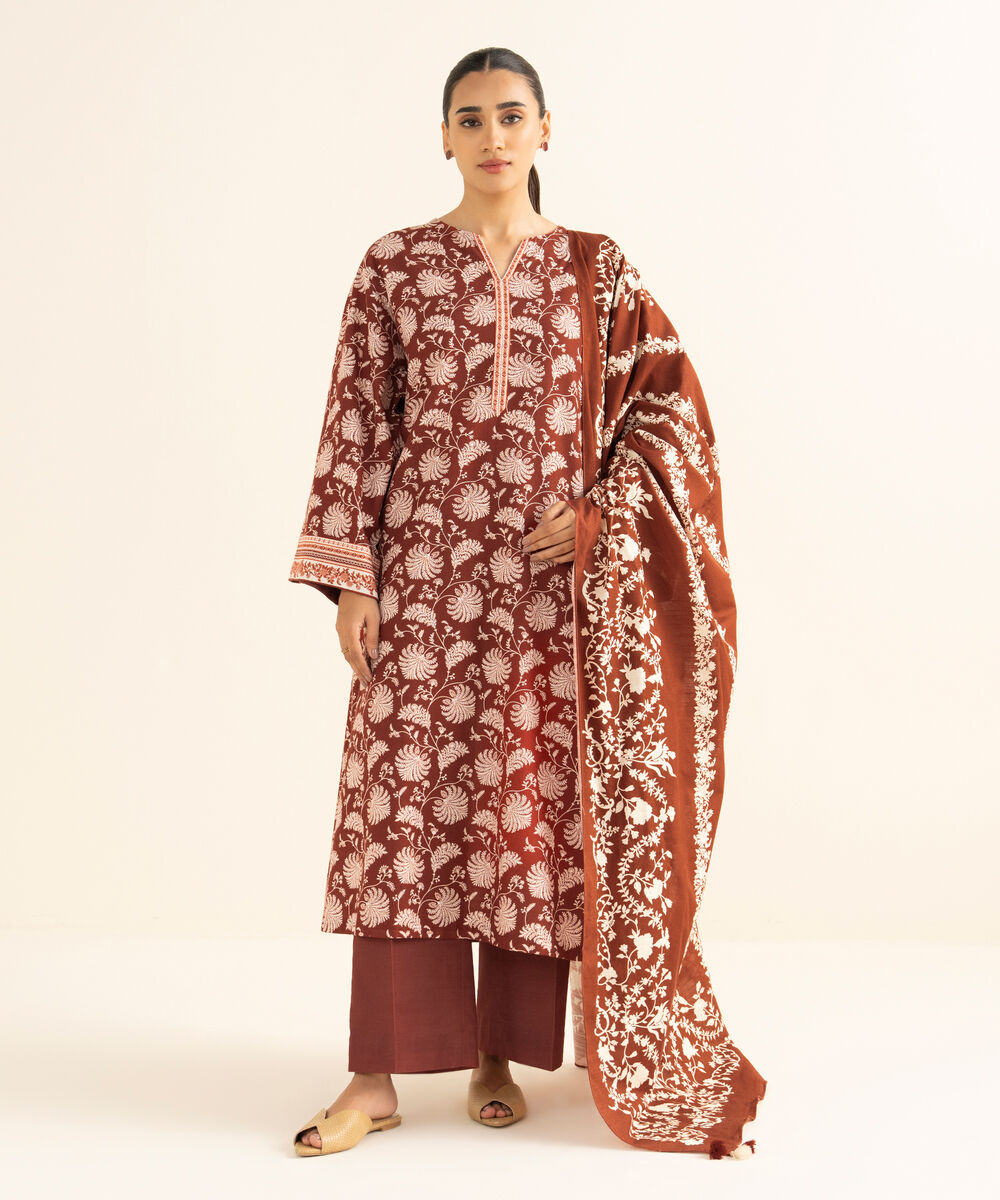 Women's Unstitched Lawn Printed Red 3 Piece Suit