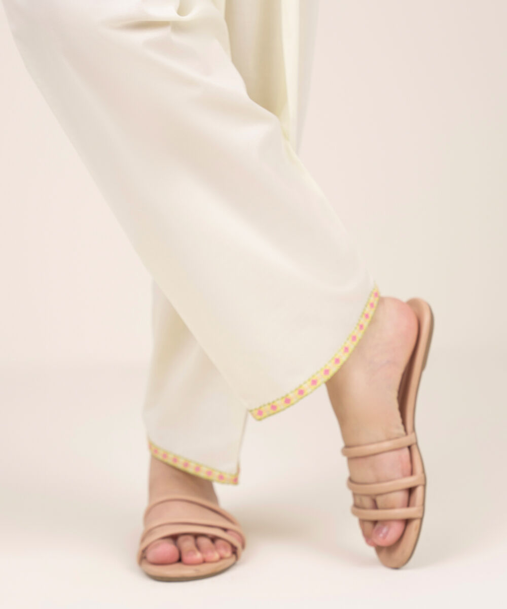 Women's RTW Cambric Beige Solid Embroidered Shalwar