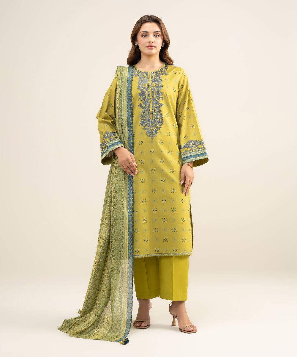 Women's Unstitched Lawn Embroidered Yellow 3 Piece Suit