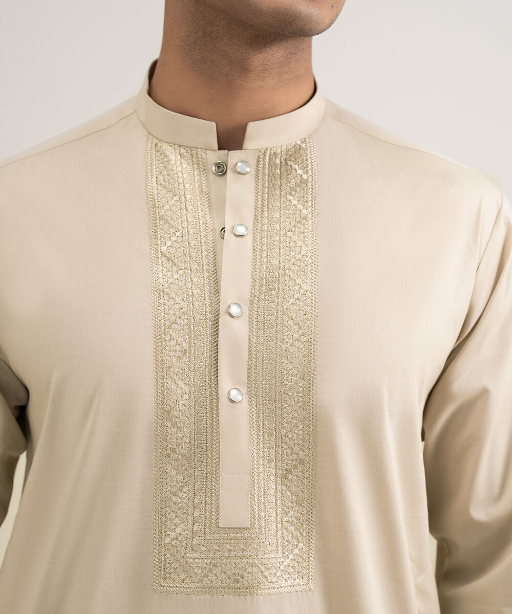 Men's Stitched Cotton Beige Kurta