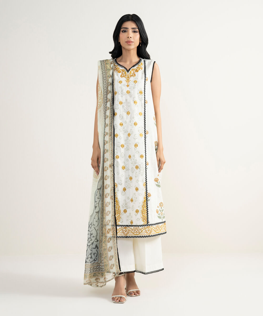 Women's RTW Dobby Embroidered White 3 Piece Suit