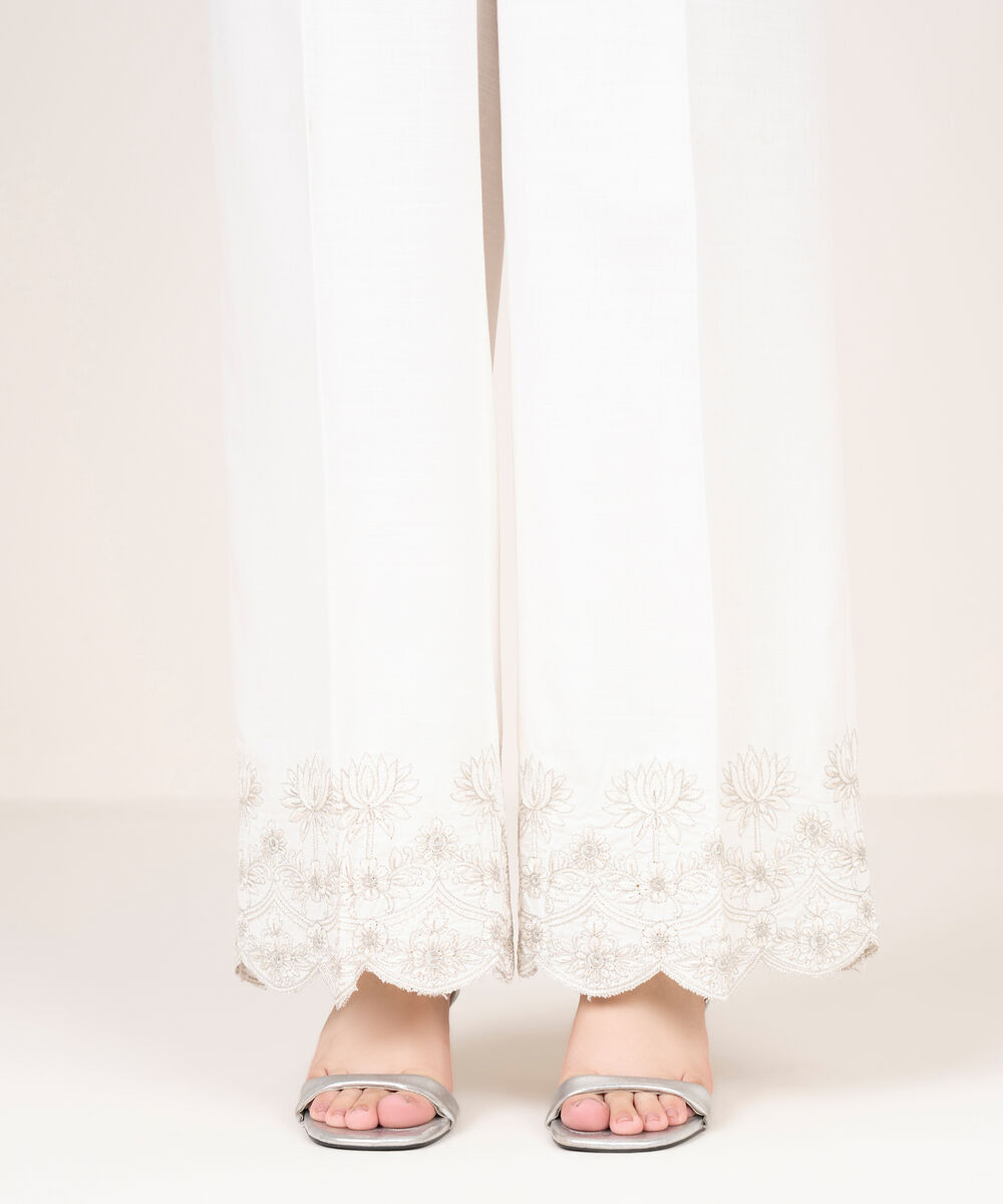 Women's RTW Cotton Viscose Embroidered White Culottes