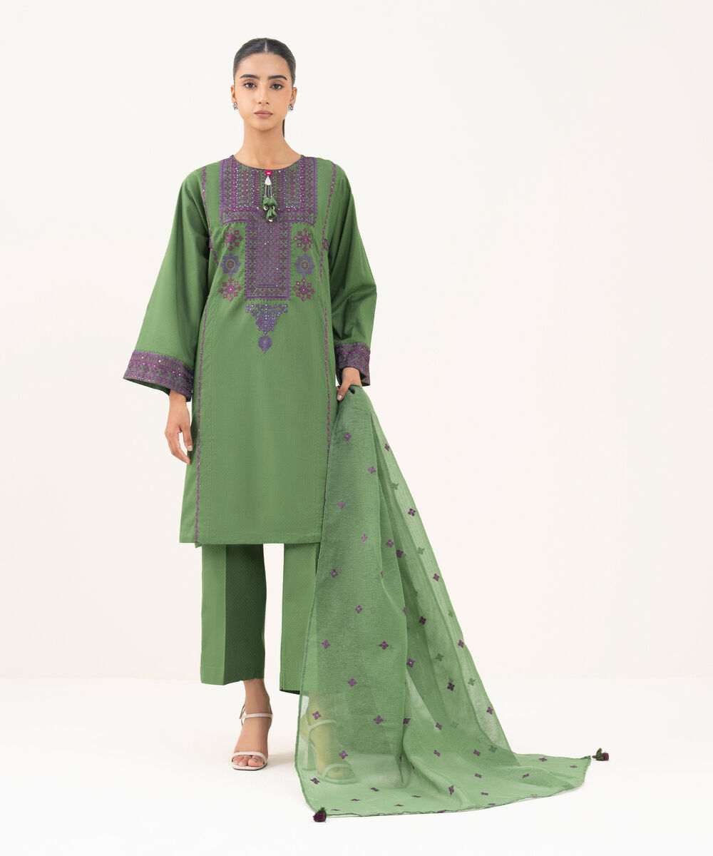 Women's RTW Textured Lawn Green Embroidered A-Line Shirt