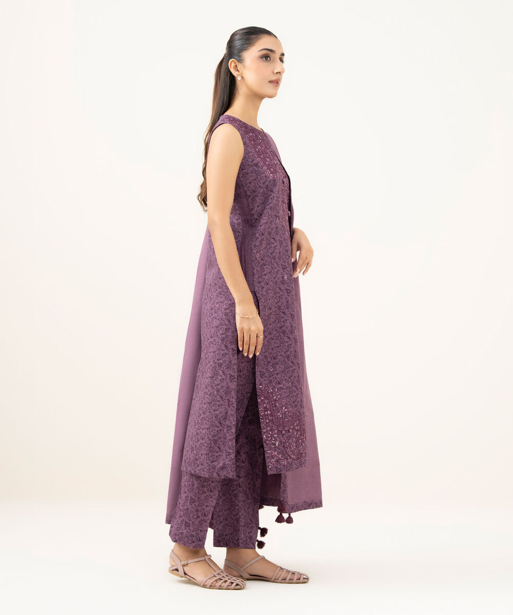 Women's Unstitched Textured Cotton Embroidered Purple  3 Piece Suit