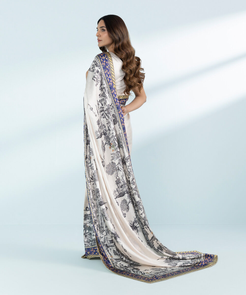 Women's Embroidered Blended Satin Off White Saree
