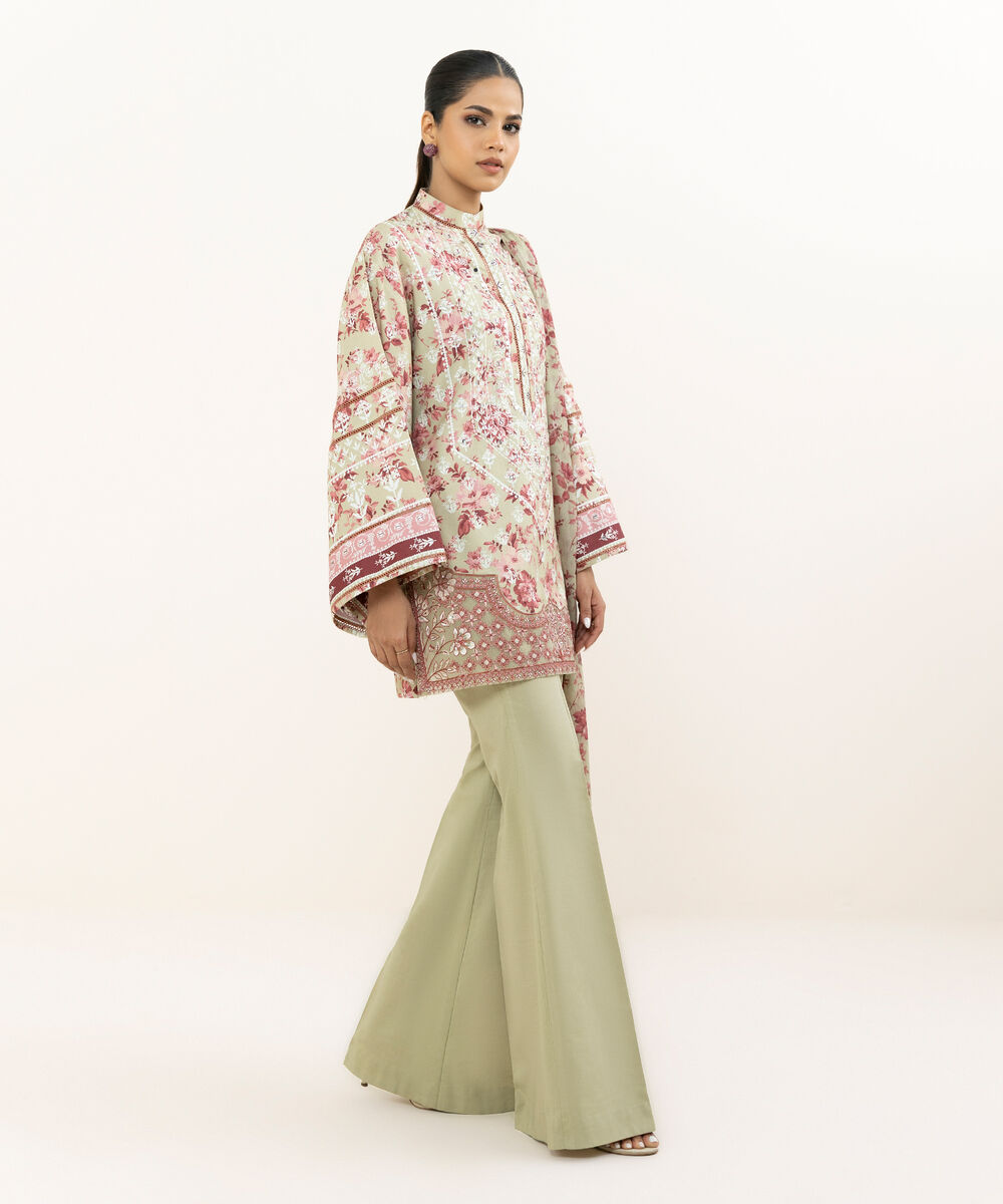 Women's Unstitched Cotton Viscose Embroidered Beige 3 Piece Suit