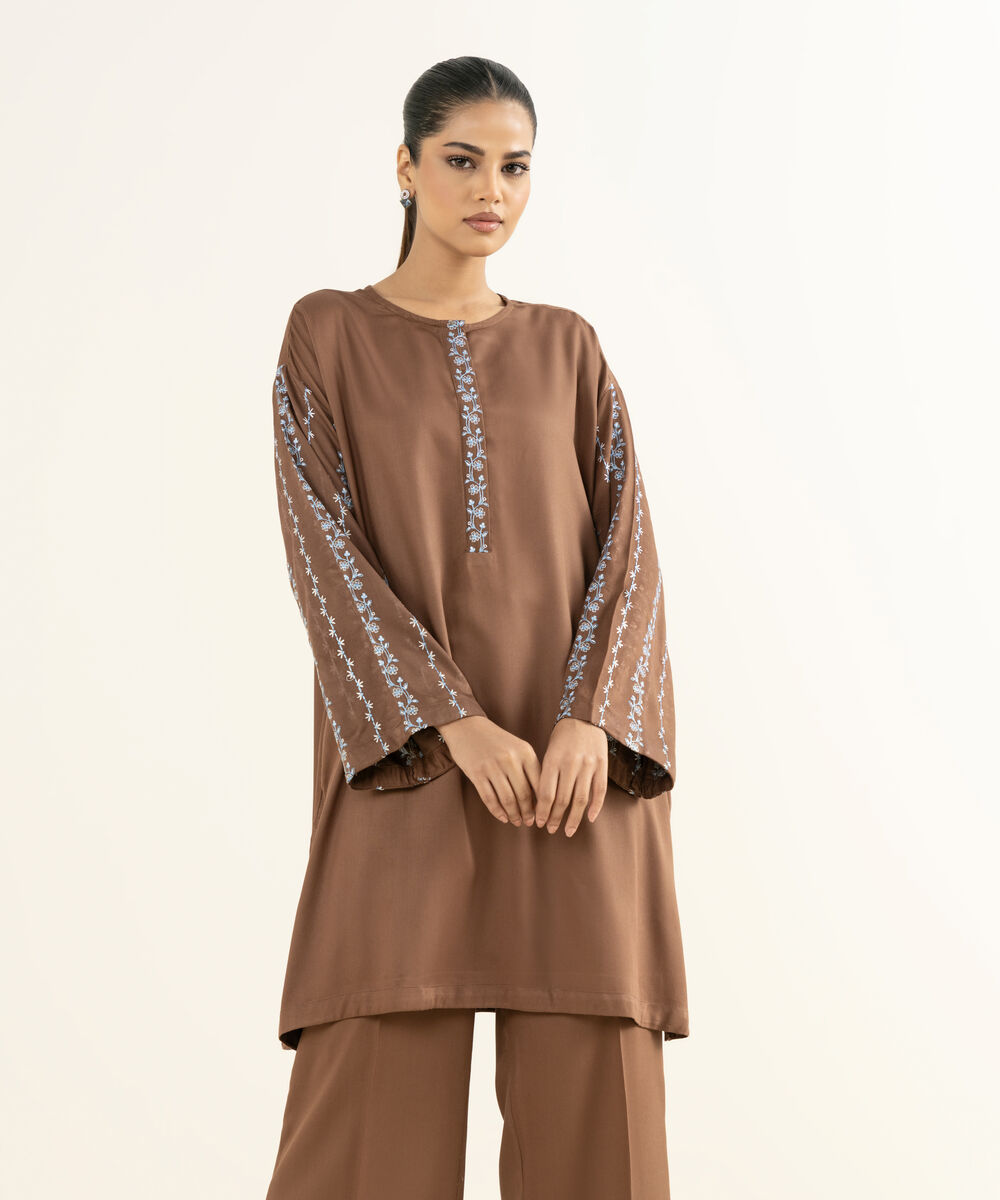 Women's RTW Bedford  Embroidered Brown Drop Shoulder Shirt
